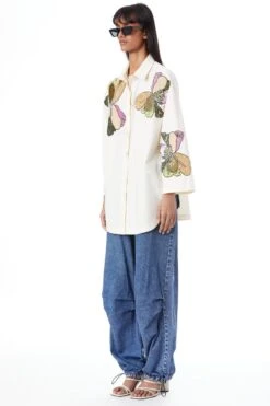 Kanika Goyal Label White Oversized Hand Embellished Peonies Shirt