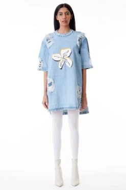Kanika Goyal Label Floral Applique Distressed Denim Dress