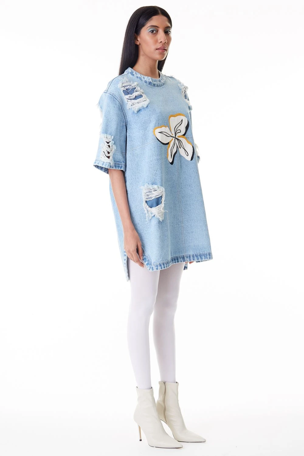 Kanika Goyal Label Floral Applique Distressed Denim Dress 4 Kanika Goyal Label Floral Applique Distressed Denim Dress - Image 2