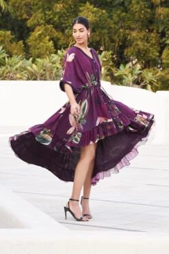 Varun Bahl Pret Burgundy Botanical Printed Asymmetric Dress