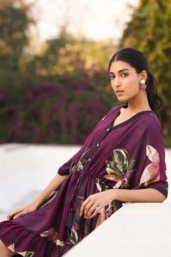 Varun Bahl Pret Burgundy Botanical Printed Asymmetric Dress -Deals Haute Togs Store 12423vbf40 3