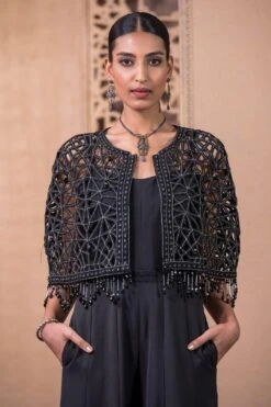 Tarun Tahiliani Black Cutwork Cape & Jumpsuit Set -Deals Haute Togs Store 12623tt21 3