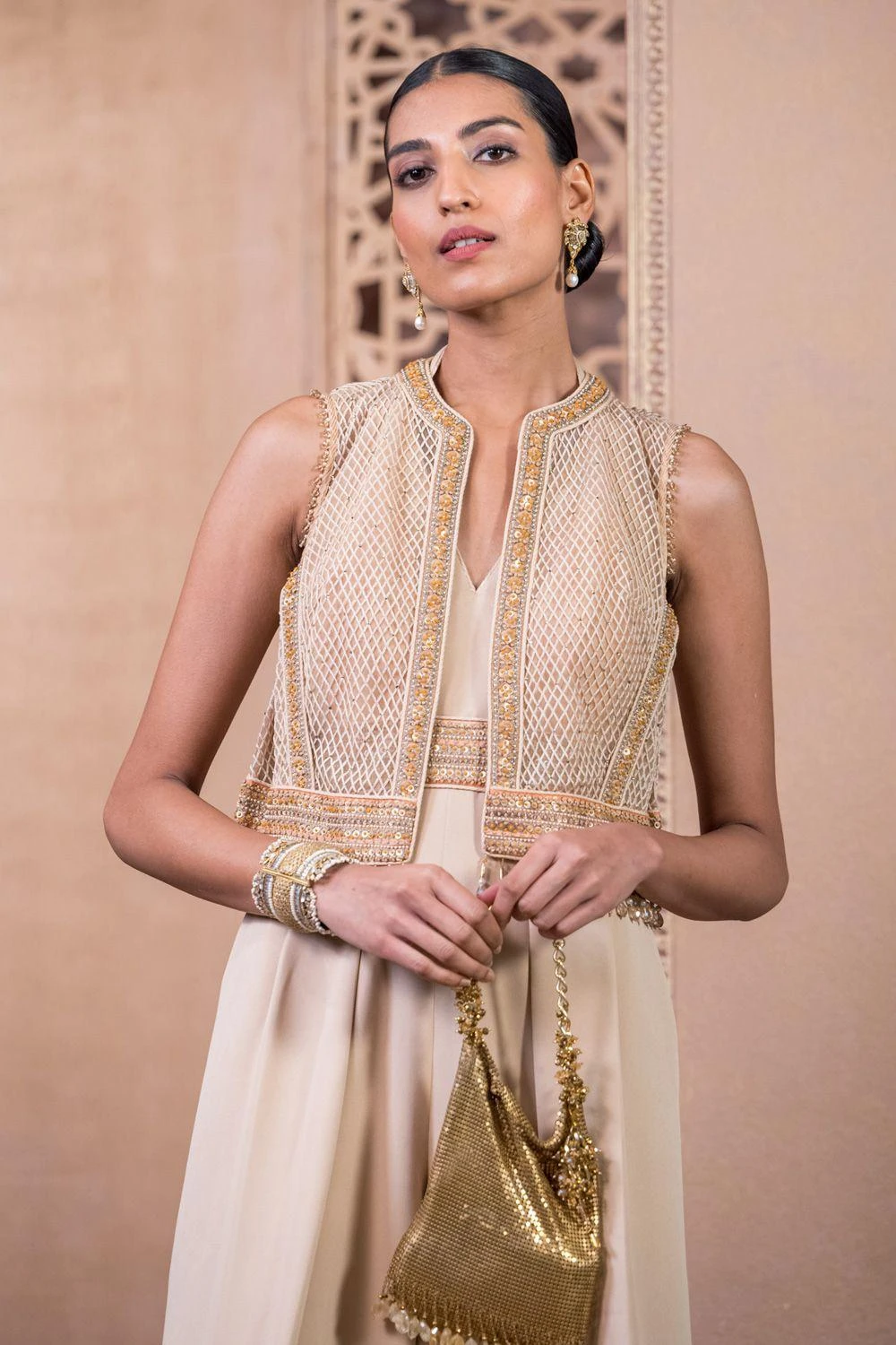 Tarun Tahiliani Beige Hand Embellished Jumpsuit And Gilet Set 4 Tarun Tahiliani Beige Hand Embellished Jumpsuit And Gilet Set - Image 2