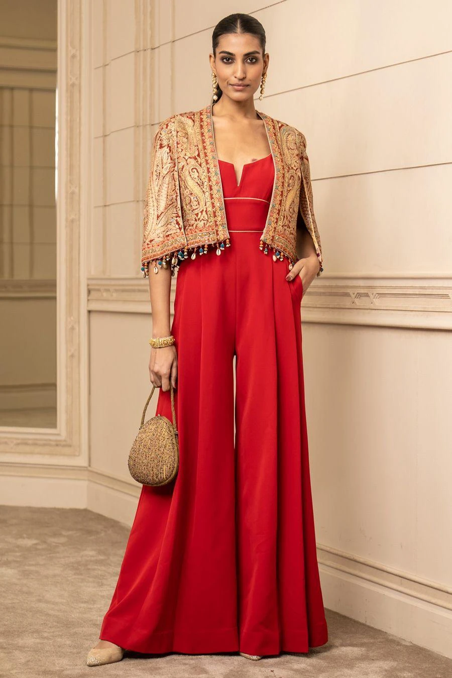Tarun Tahiliani Red Paisley Printed Cape & Jumpsuit 3 Tarun Tahiliani Red Paisley Printed Cape & Jumpsuit