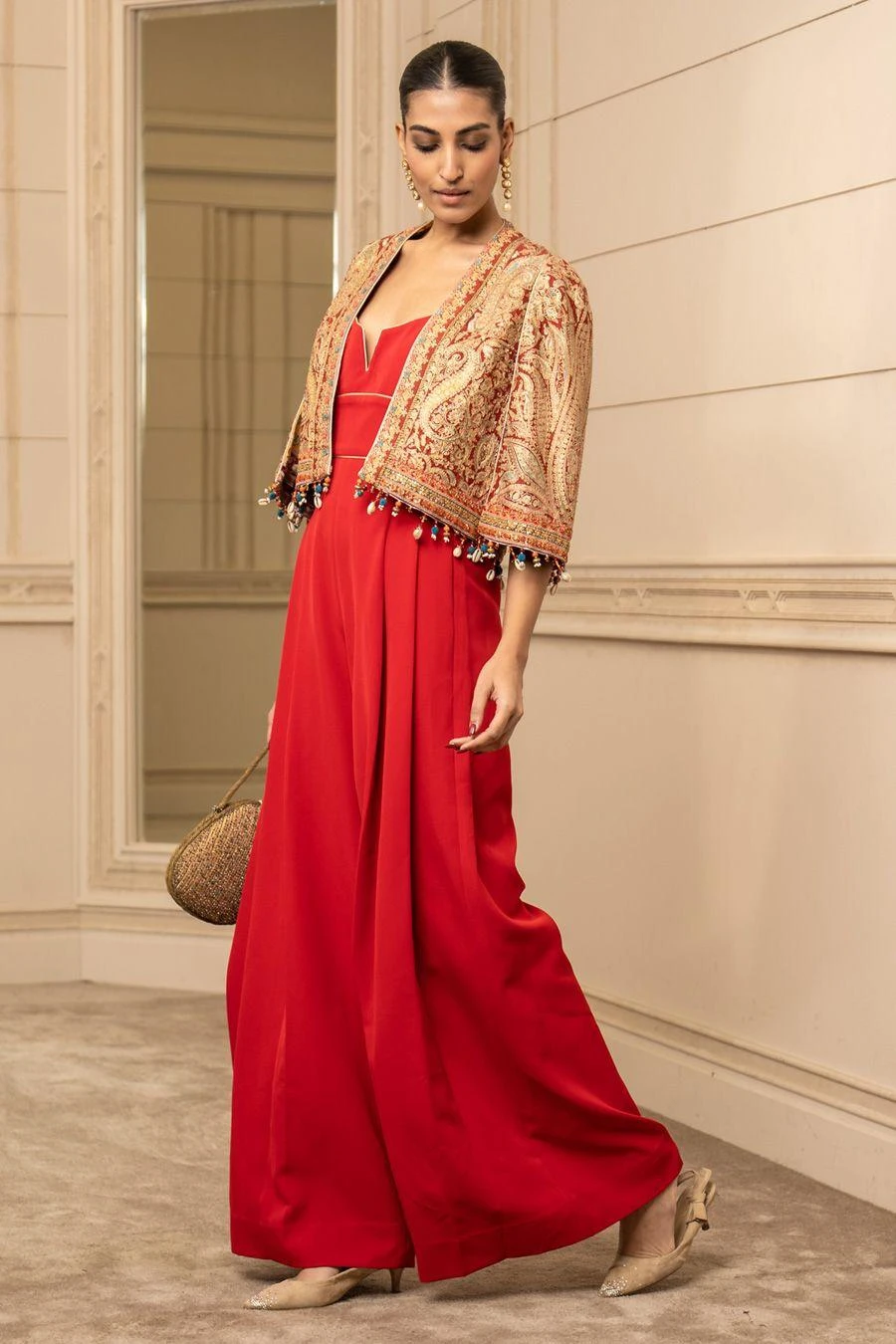Tarun Tahiliani Red Paisley Printed Cape & Jumpsuit 4 Tarun Tahiliani Red Paisley Printed Cape & Jumpsuit - Image 2