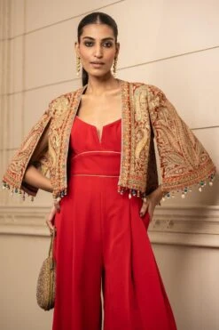 Tarun Tahiliani Red Paisley Printed Cape & Jumpsuit 12 Tarun Tahiliani Red Paisley Printed Cape & Jumpsuit -Deals Haute Togs Store 13323tt76 5