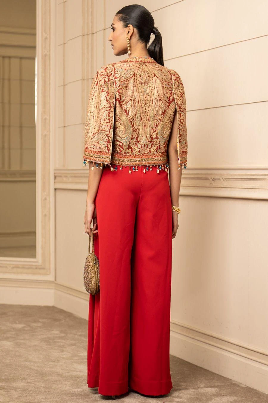 Tarun Tahiliani Red Paisley Printed Cape & Jumpsuit 8 Tarun Tahiliani Red Paisley Printed Cape & Jumpsuit - Image 6