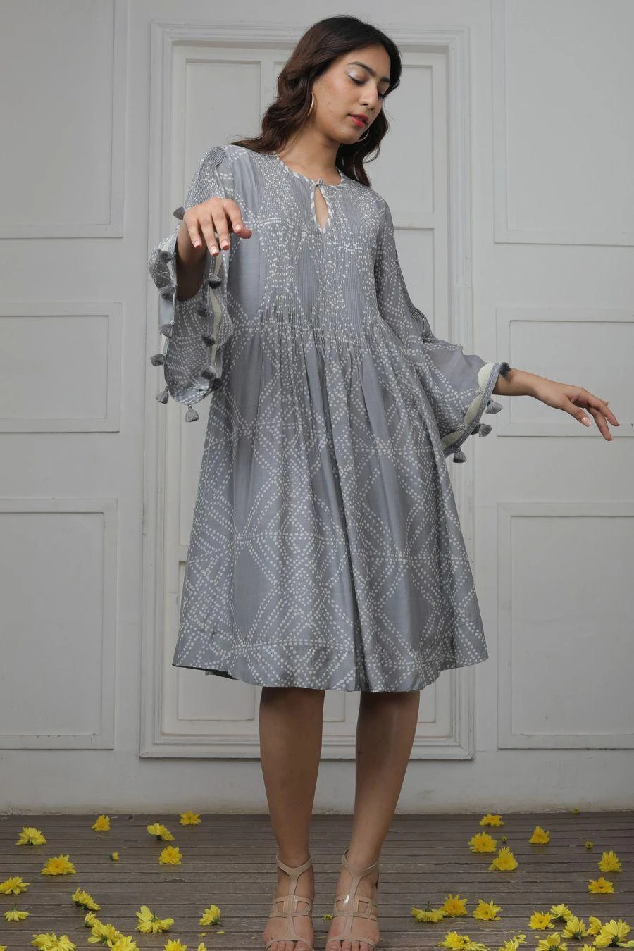 Myoho Grey Pintucked Dress With Flared Sleeves 4 Myoho Grey Pintucked Dress With Flared Sleeves - Image 2