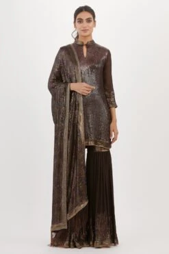 Nakul Sen Coffee Sequin Striped Sharara Set