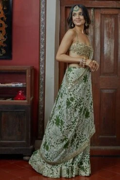 Arpita Mehta Sand & Green Sharara With Hand Embroidered Drape