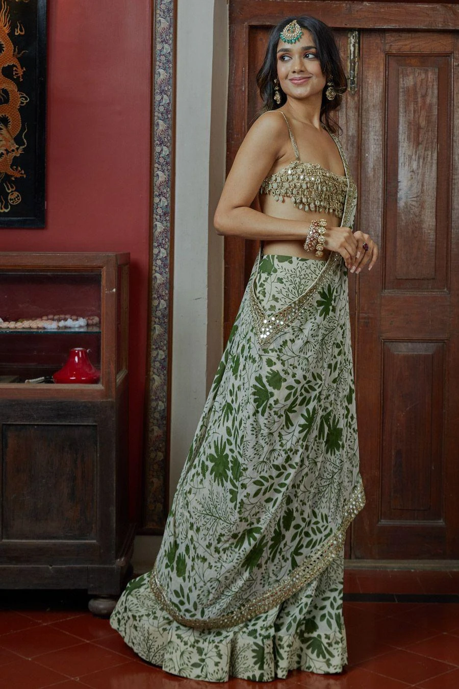 Arpita Mehta Sand & Green Sharara With Hand Embroidered Drape 3 Arpita Mehta Sand & Green Sharara With Hand Embroidered Drape
