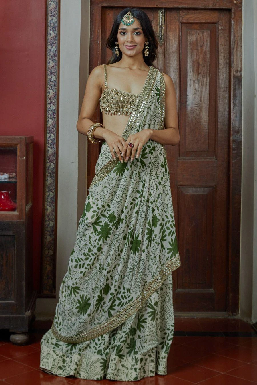 Arpita Mehta Sand & Green Sharara With Hand Embroidered Drape 4 Arpita Mehta Sand & Green Sharara With Hand Embroidered Drape - Image 2