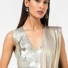 431-88 By Shweta Kapur New Champagne Sequinned V-neck Blouse -Deals Haute Togs Store 1512sk4 1