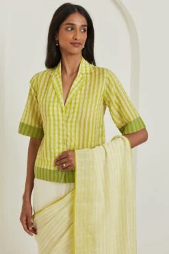 Surmaye Gingham Lime Fine Silk Khadi Shirt Blouse