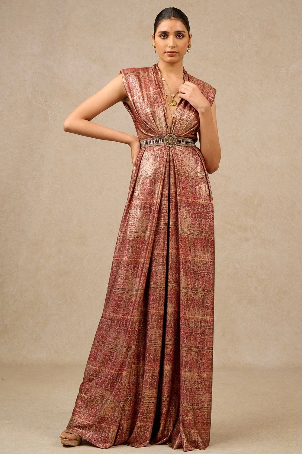 Tarun Tahiliani Wine Foil Jersey Panelled Jumpsuit 3 Tarun Tahiliani Wine Foil Jersey Panelled Jumpsuit