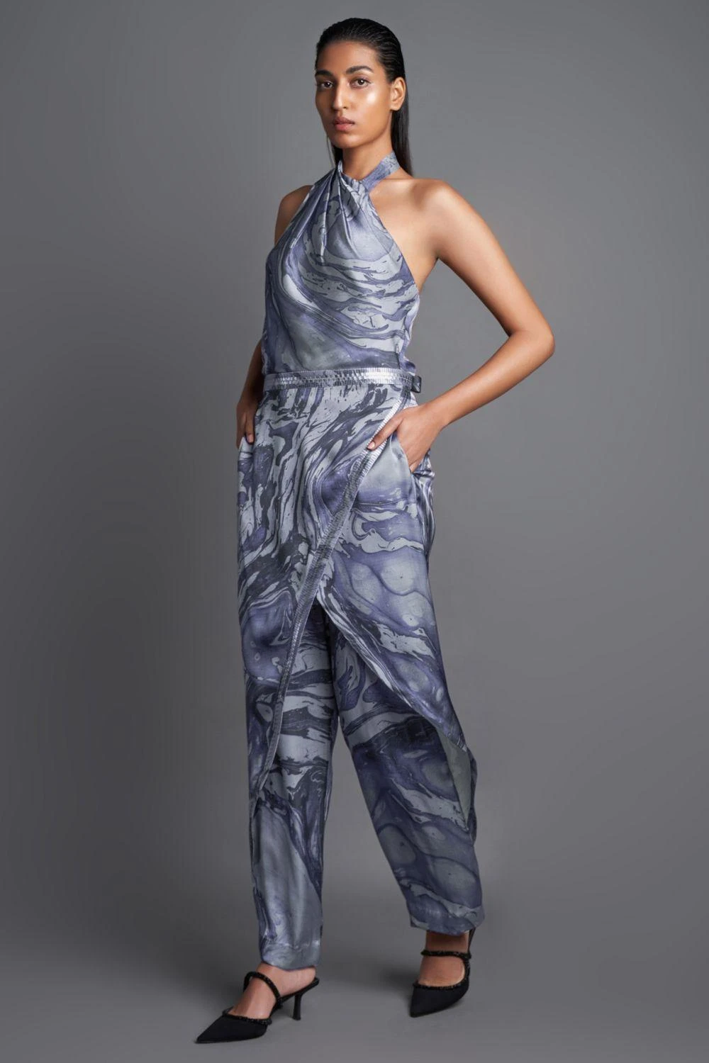 Amit Aggarwal Marbled Draped Grey Jumpsuit 4 Amit Aggarwal Marbled Draped Grey Jumpsuit - Image 2