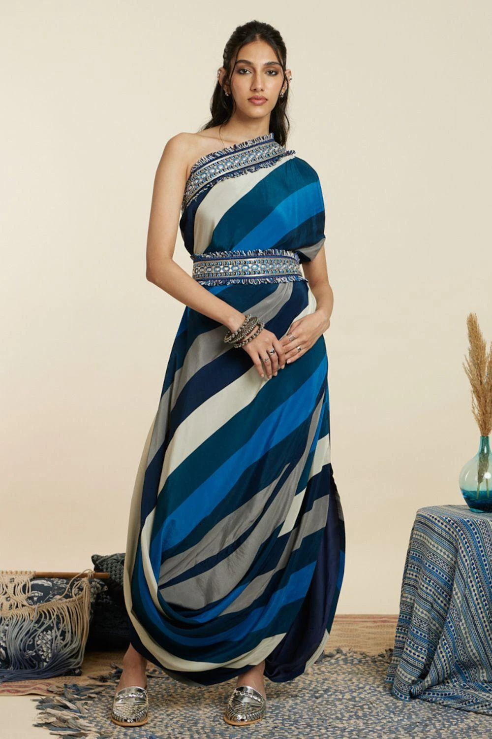 SVA Blue-Hued Stripe Print One-Shoulder Cowl Dress 3 SVA Blue-Hued Stripe Print One-Shoulder Cowl Dress