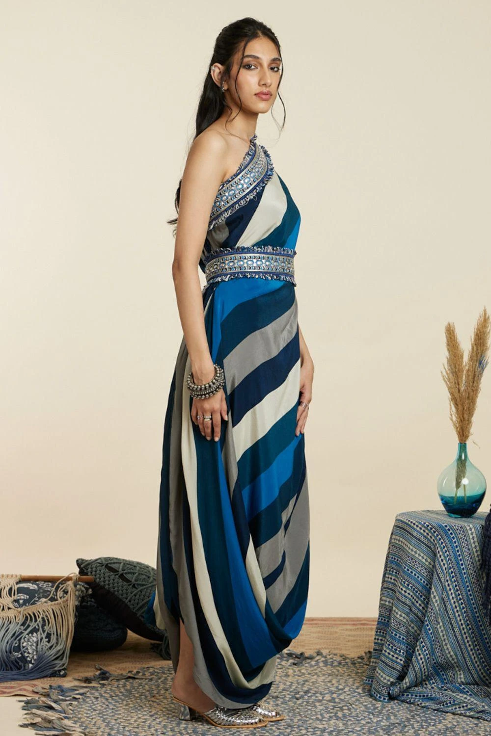 SVA Blue-Hued Stripe Print One-Shoulder Cowl Dress 4 SVA Blue-Hued Stripe Print One-Shoulder Cowl Dress - Image 2