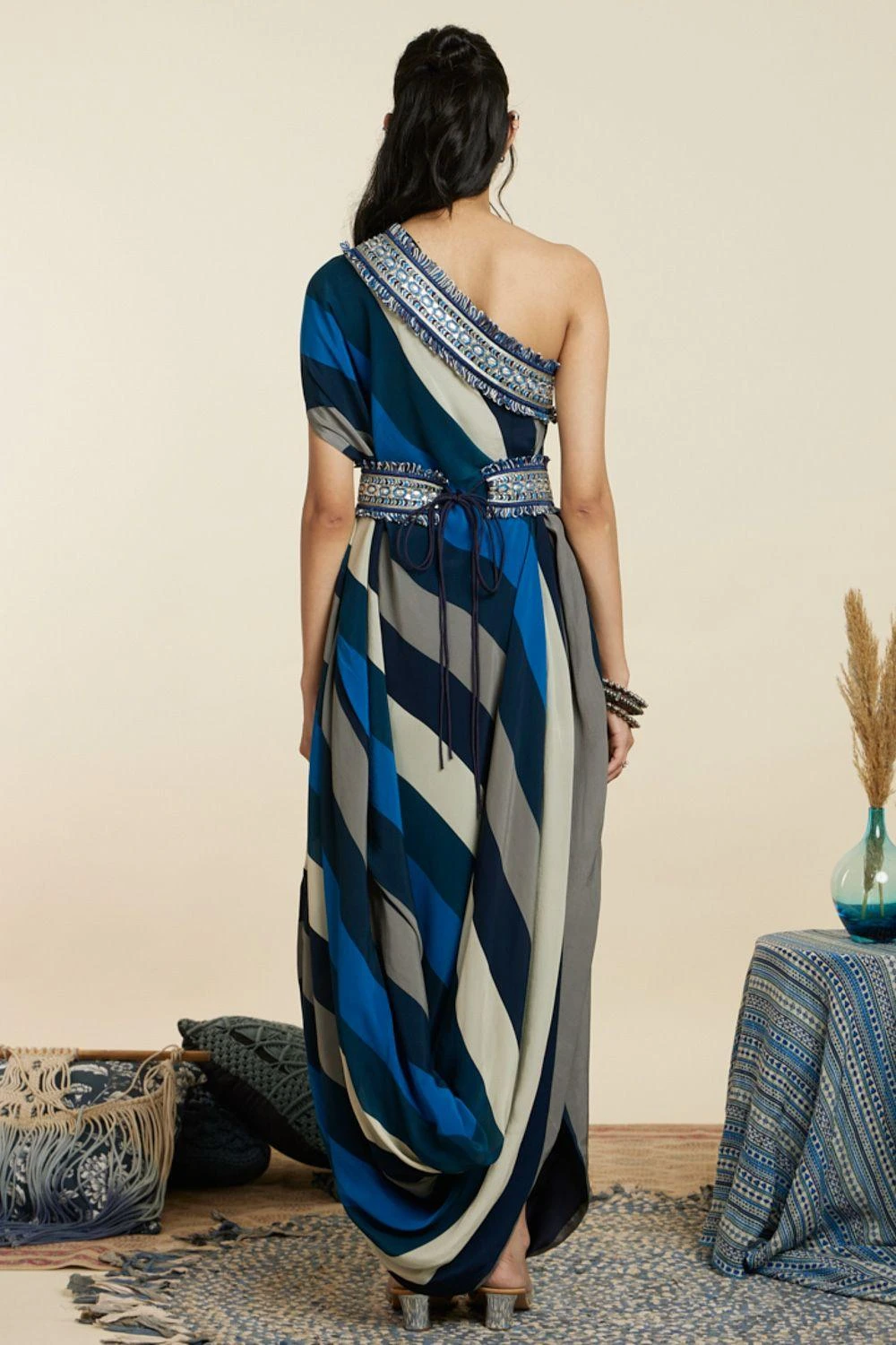 SVA Blue-Hued Stripe Print One-Shoulder Cowl Dress 9 SVA Blue-Hued Stripe Print One-Shoulder Cowl Dress - Image 7