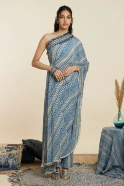 SVA Blue Boho Stripe Print One-Shoulder Sari Pant Set