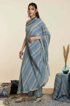 SVA Blue Boho Stripe Print One-Shoulder Sari Pant Set -Deals Haute Togs Store 181123sva94 4