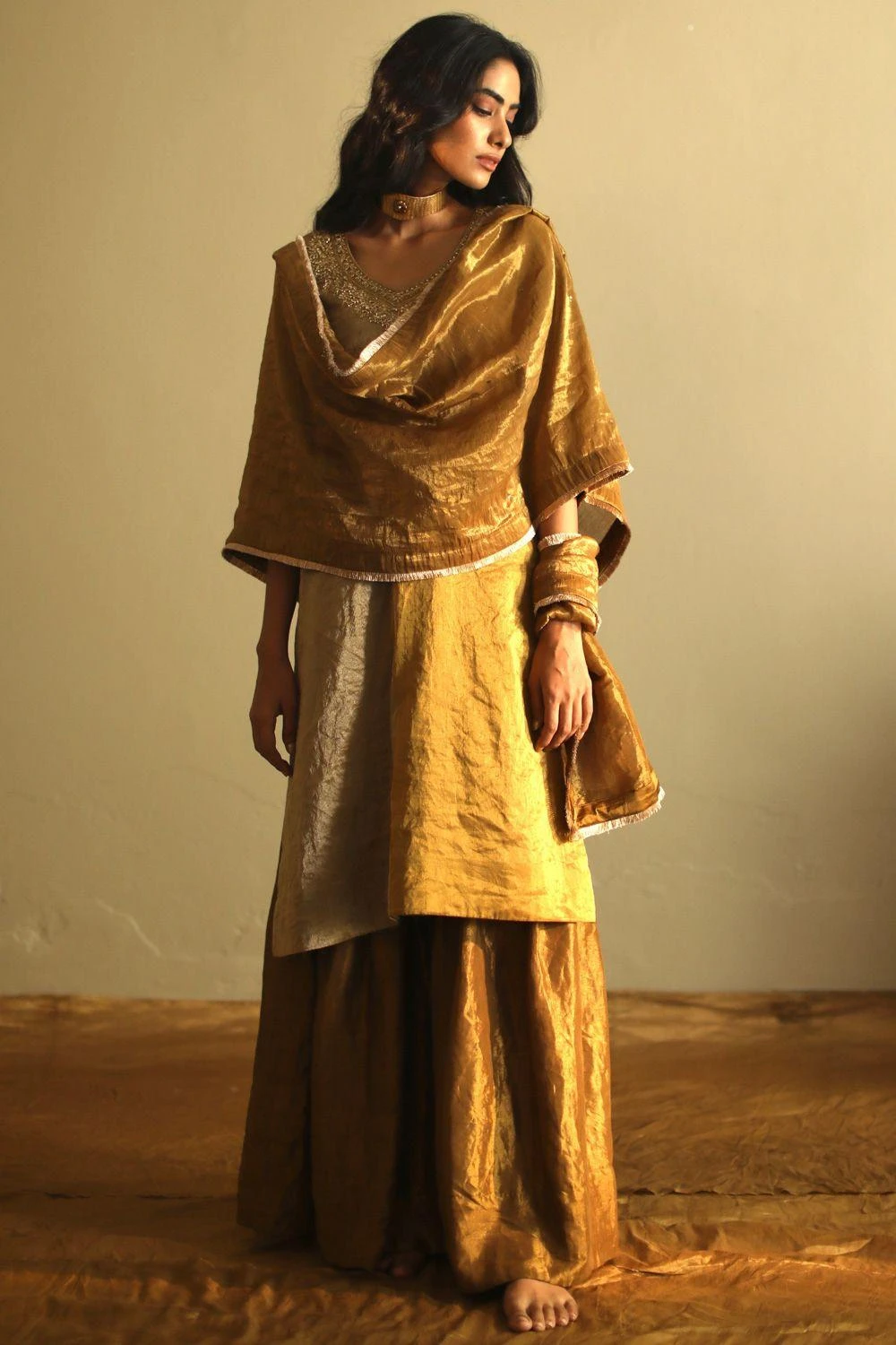 Shorshe Antique Gold Tissue Sharara Set 3 Shorshe Antique Gold Tissue Sharara Set