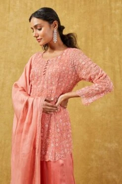 Ahilian Coral Pink Crystal Embellished Sharara Set -Deals Haute Togs Store 191al1 4