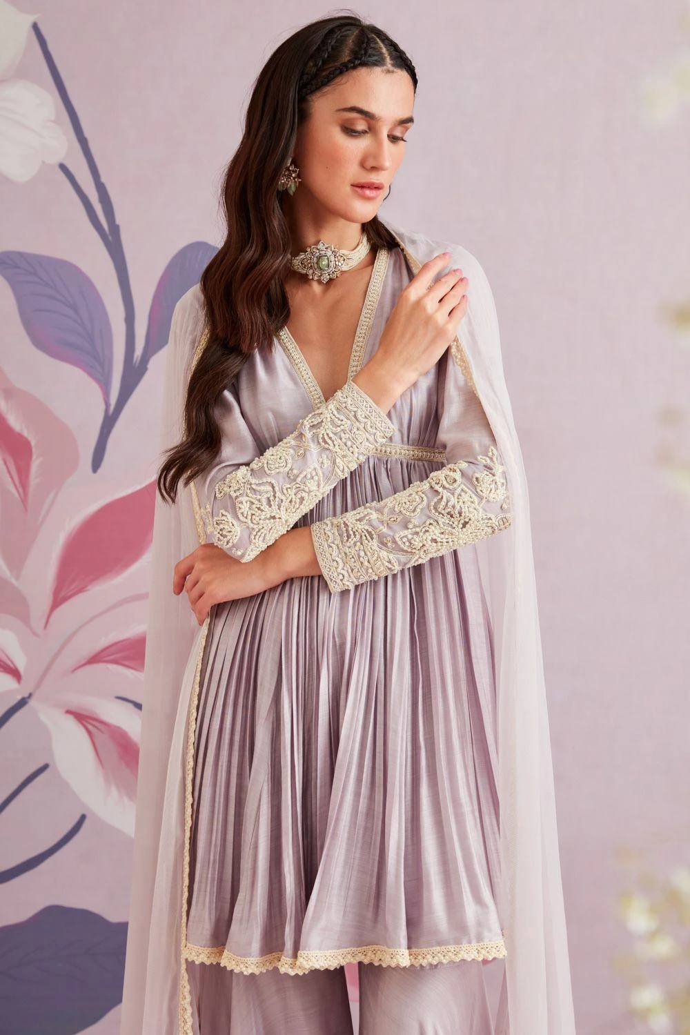 Ridhi Mehra Lilac Silk Short Anarkali & Gharara With Dupatta 4 Ridhi Mehra Lilac Silk Short Anarkali & Gharara With Dupatta - Image 2