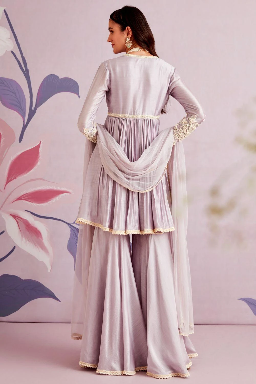 Ridhi Mehra Lilac Silk Short Anarkali & Gharara With Dupatta 6 Ridhi Mehra Lilac Silk Short Anarkali & Gharara With Dupatta - Image 4