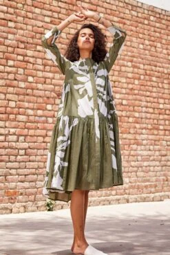 Khara Kapas Olive Green Lino Printed Dress