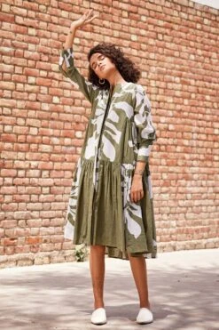 Khara Kapas Olive Green Lino Printed Dress -Deals Haute Togs Store 19923kk21 3
