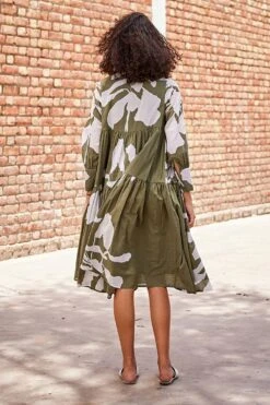 Khara Kapas Olive Green Lino Printed Dress -Deals Haute Togs Store 19923kk21 4