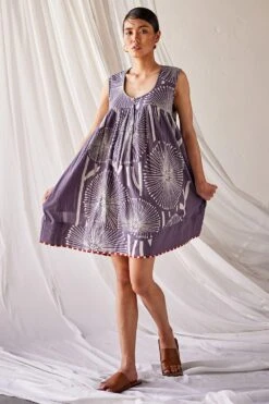 Khara Kapas Cool Grey Printed Fit And Flare Dress