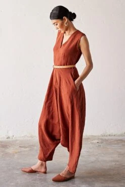 Khara Kapas Brick Red Linen Jumpsuit -Deals Haute Togs Store 19923kk8 2