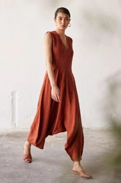 Khara Kapas Brick Red Linen Jumpsuit -Deals Haute Togs Store 19923kk8 3