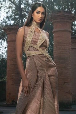 Abhishek Sharma Off-shoulder Textured Metallic Draped Dress