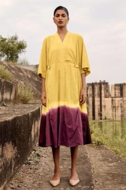 Khara Kapas Dip Dyed Lime Yellow Dress