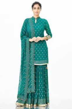 Nakul Sen Emerald Chiffon Sequin Bandhni Sharara