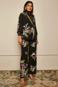 PATINE Black Silk Crepe Gara Embroidered Pants