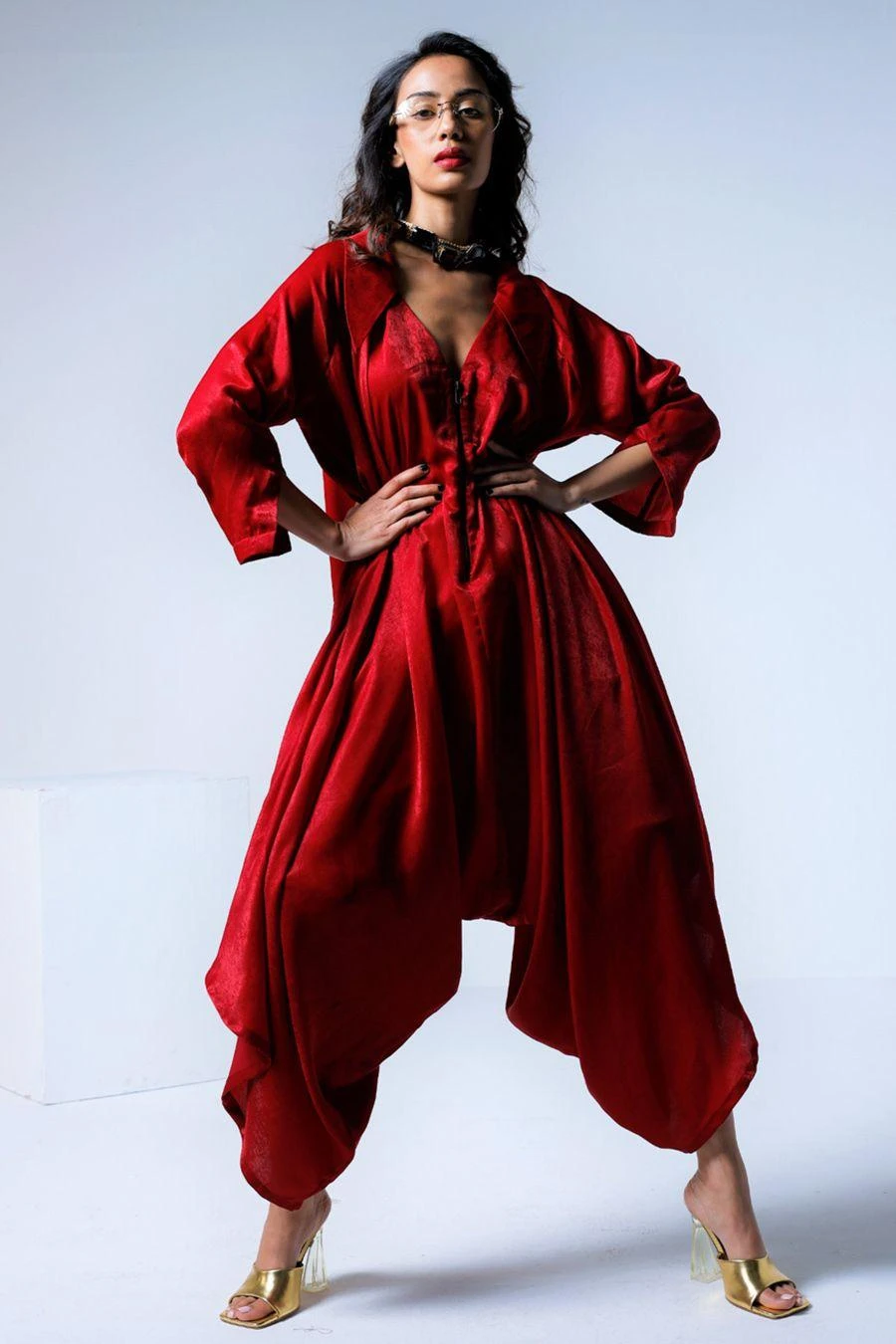 Shorshe Red Collared Cowl Jumpsuit 4 Shorshe Red Collared Cowl Jumpsuit - Image 2