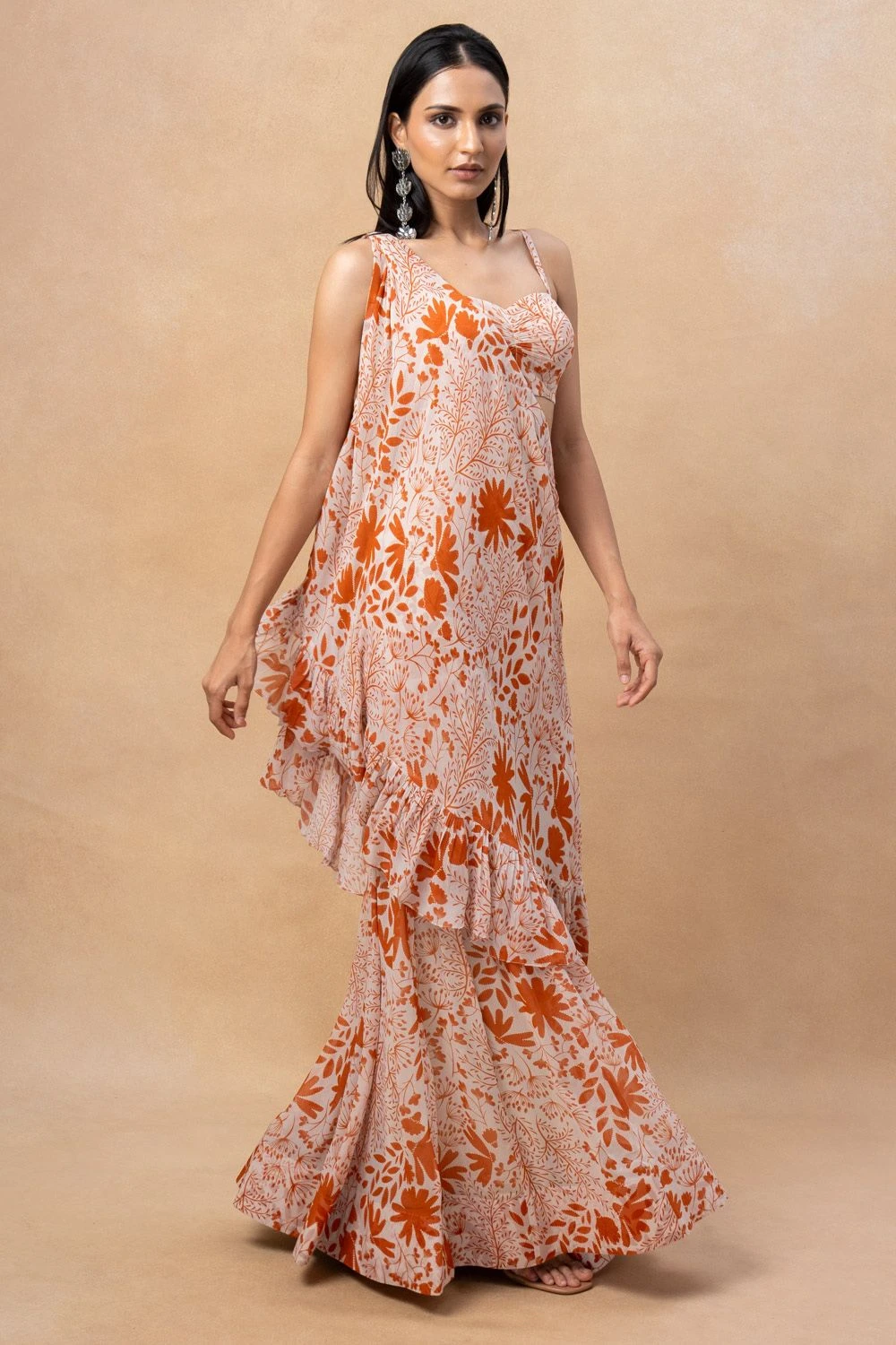 Arpita Mehta Orange Floral Printed Gharara & Drape Set 5 Arpita Mehta Orange Floral Printed Gharara & Drape Set - Image 3
