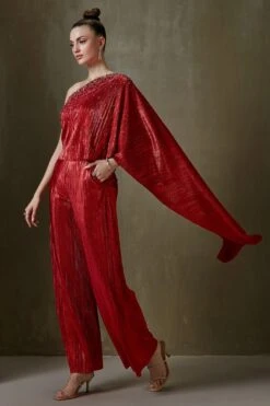 Namrata Joshipura Red Jewel Cluster One Shoulder Jumpsuit -Deals Haute Togs Store 2411nj14 3
