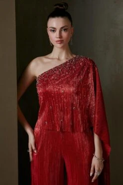 Namrata Joshipura Red Jewel Cluster One Shoulder Jumpsuit -Deals Haute Togs Store 2411nj14 5