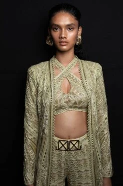 Ritika Mirchandani Metallic Green Cutwork Jacket Set -Deals Haute Togs Store 25423rm9 4