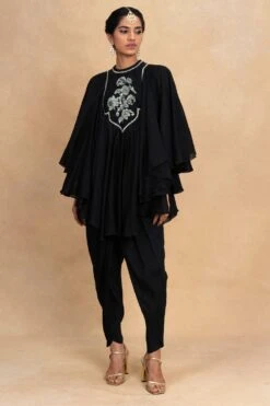 Jayanti Reddy Black Floral Embellished Cape Style Top -Deals Haute Togs Store 25523jr1 2