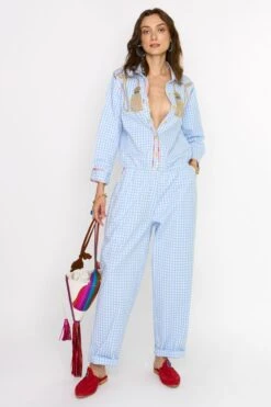 Rara Avis Sky Blue Hand Embellished Checkered Jumpsuit