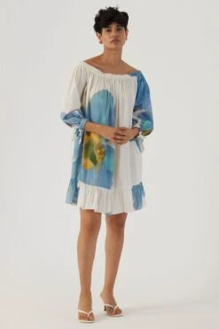 YAM Blue Poppies Off Shoulder Dress