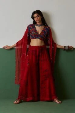 Medha Blue Patchwork V-neck Blouse