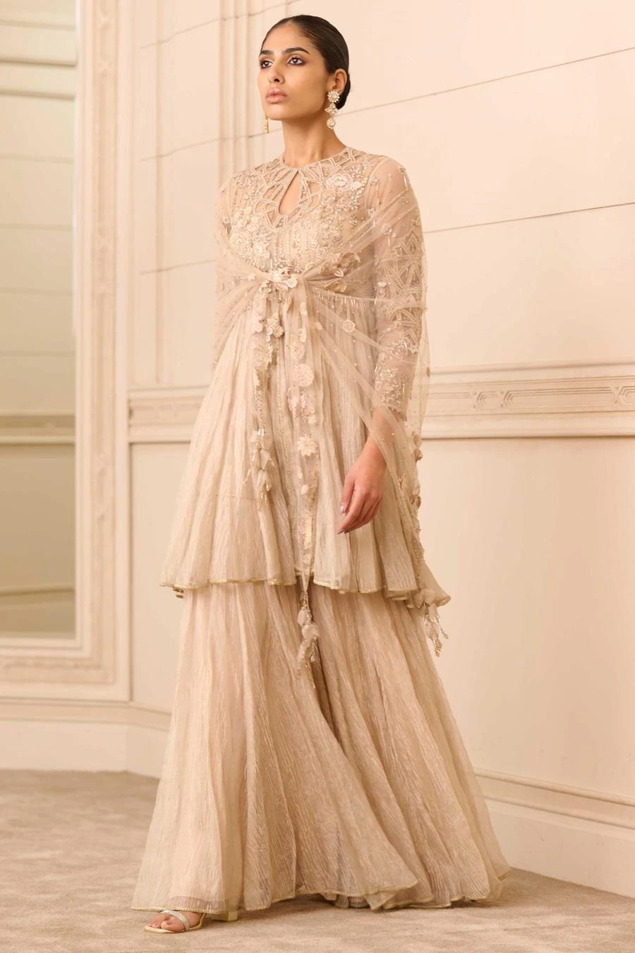 Tarun Tahiliani Champagne Gold Floral Embellished Sharara Set 4 Tarun Tahiliani Champagne Gold Floral Embellished Sharara Set - Image 2