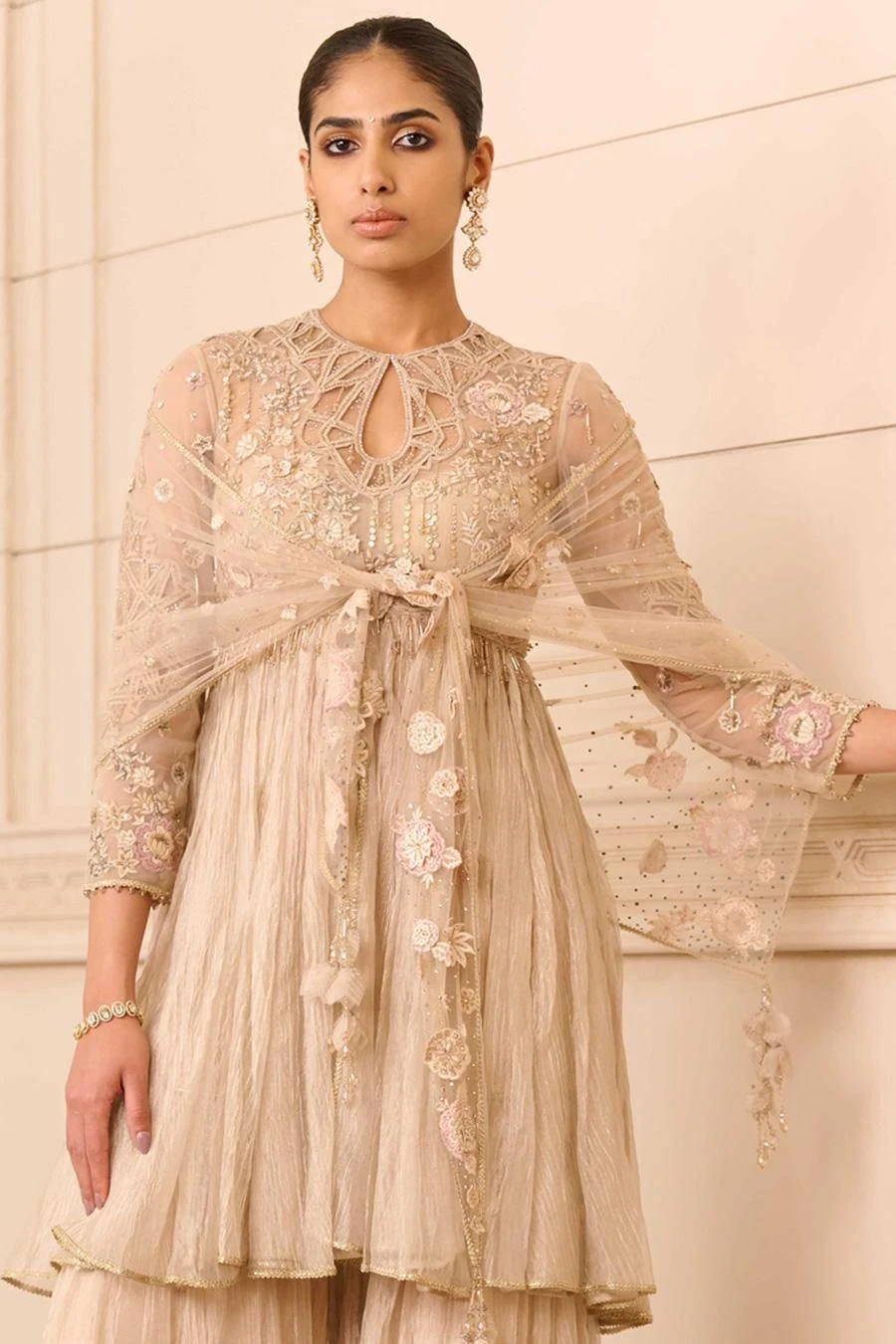 Tarun Tahiliani Champagne Gold Floral Embellished Sharara Set 5 Tarun Tahiliani Champagne Gold Floral Embellished Sharara Set - Image 3